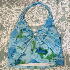 Abstract Blue and Green Halter Top